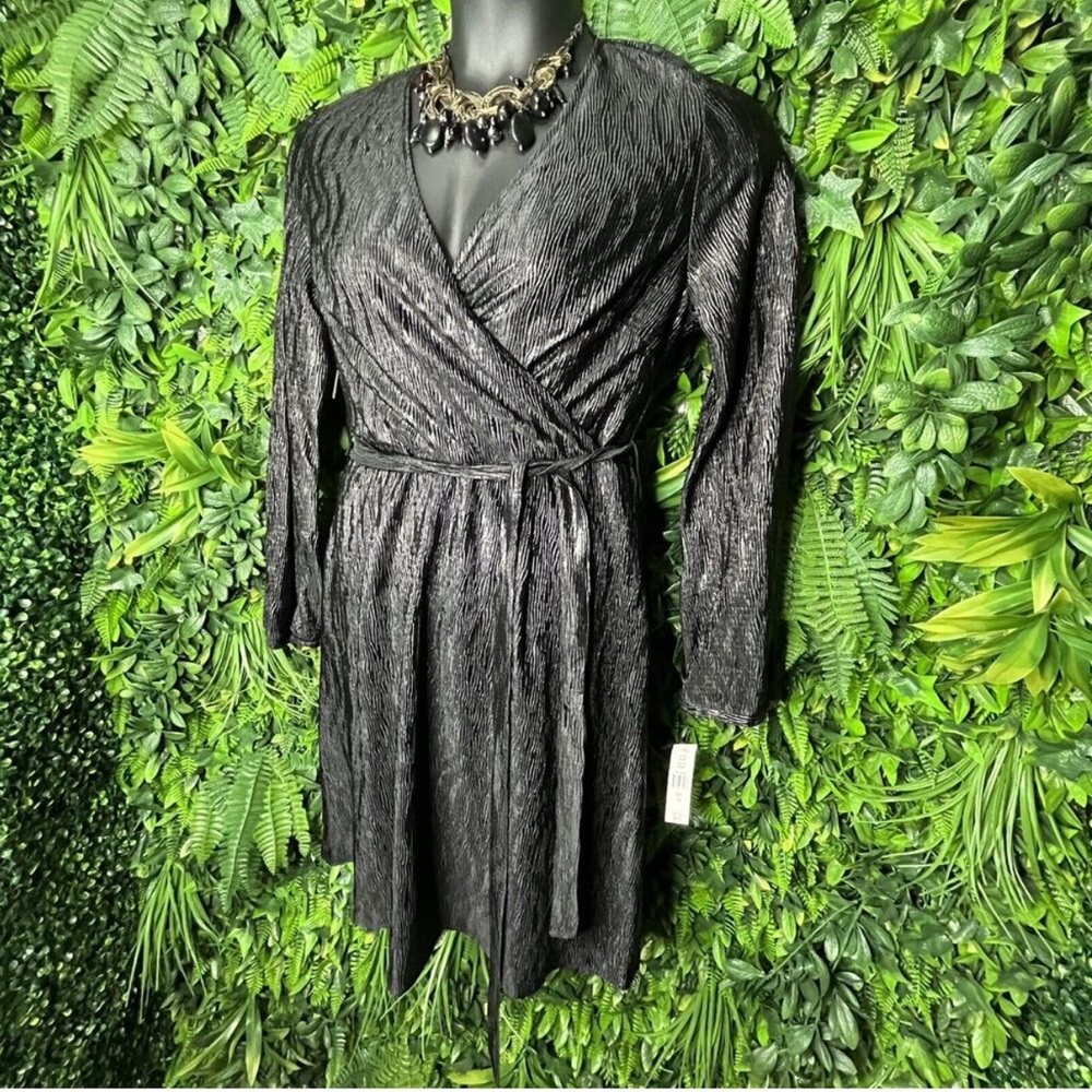 GLAMOUR - Black Metallic Formal Balloon Sleeve Faux Wrap Dress - Size 10